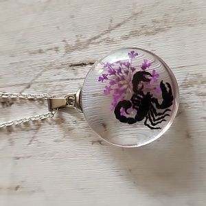 PRESSED Real flower and simulated Scorpion Necklace 925 Chain